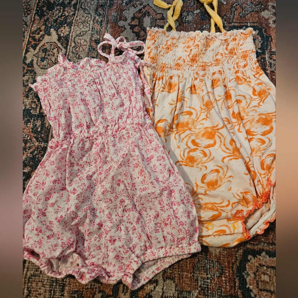Girls' Pink Floral and Orange Print Romper Set - Kids Jumpsuits & Rompers